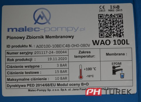 Zbiornik przeponowy hydroforowy 100l 10bar malec