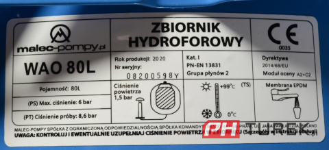 Hydroforowy zbiornik przeponowy 80 litrów malec