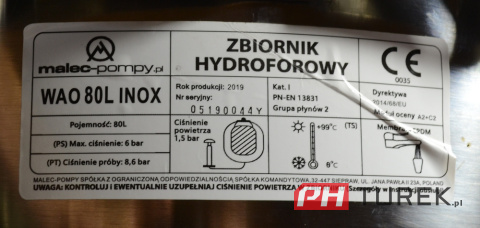 Zbiornik przeponowy hydroforowy 80l inox malec