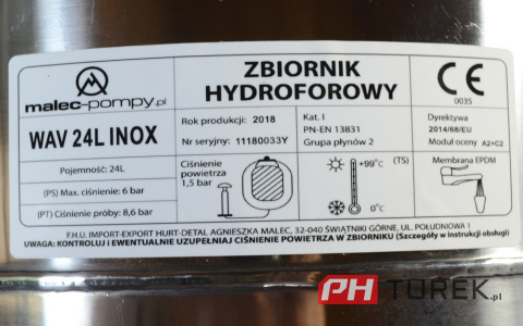 Zbiornik przeponowy hydroforowy 24l inox malec