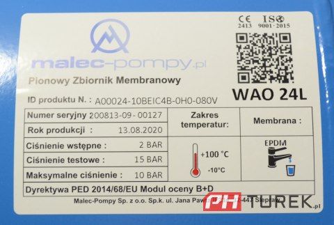 Zbiornik przeponowy hydroforowy 24l 10bar malec