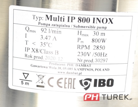 Pompa zatapialna z pływakiem multi ip 800 inox 230v ibo pływak