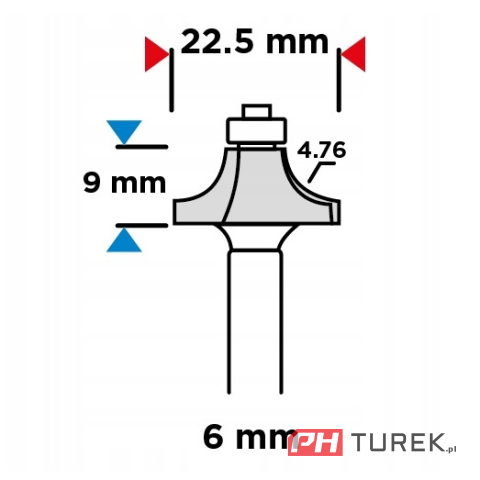 Frez kształtowy 22.5x9mm trzpień 6mm zaokrąglający