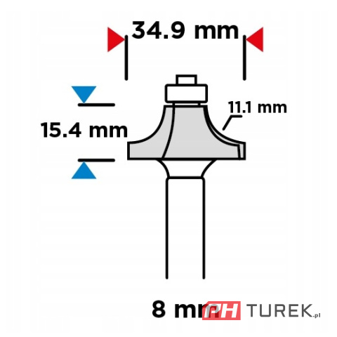 Frez kształtowy 34.9 x 15.4mm trzpień 8mm zaokrąglający