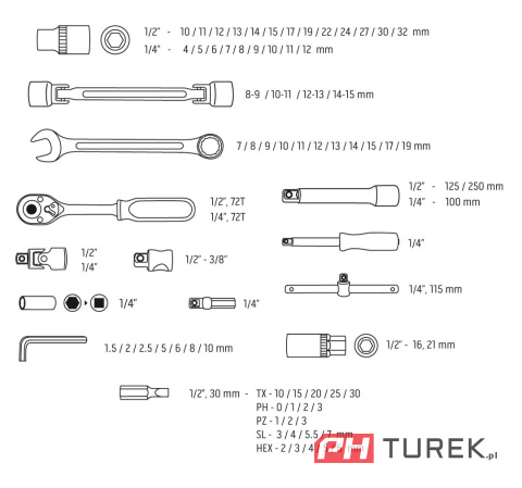 Klucze nasadowe 1/4 1/2 zestaw 77el. grzechotka