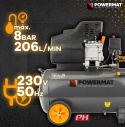 Kompresor olejowy 24l sprężarka 8 bar 206 l/min 230v wydajny