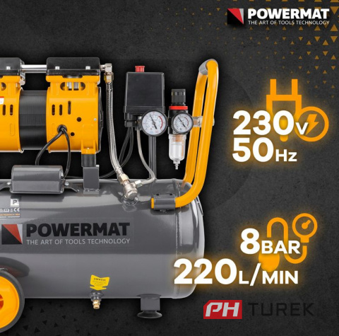 Kompresor bezolejowy 24L sprężarka 8 BAR 220l/min 230V Separator cichy 59dB