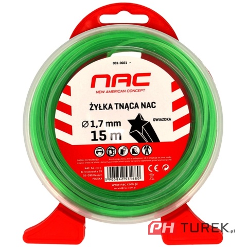 Żyłka tnąca NAC gwiazdka 1,7 mm x 15 m zielona kosy podkaszarki kosiarki