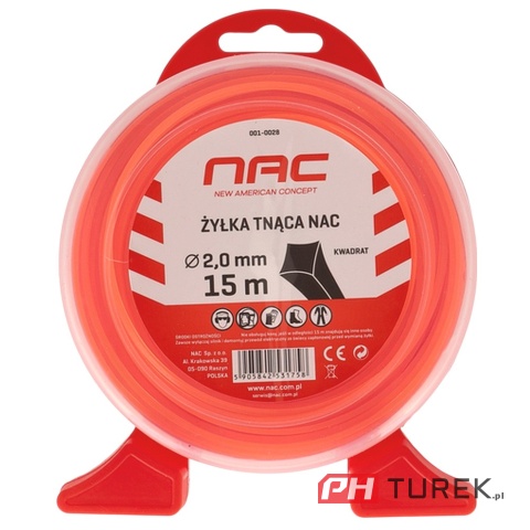 Żyłka tnąca NAC kwadrat 2,0 mm x 15 m pomarańczowa do kosy podkaszarki
