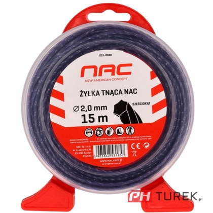 Żyłka tnąca NAC sześciokątna 2,0 mm x 15 m do kosy podkaszarki kosiarki