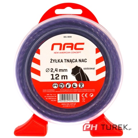 Żyłka tnąca NAC sześciokątna 2,4 mm x 12 m fioletowa do kosy podkaszarki