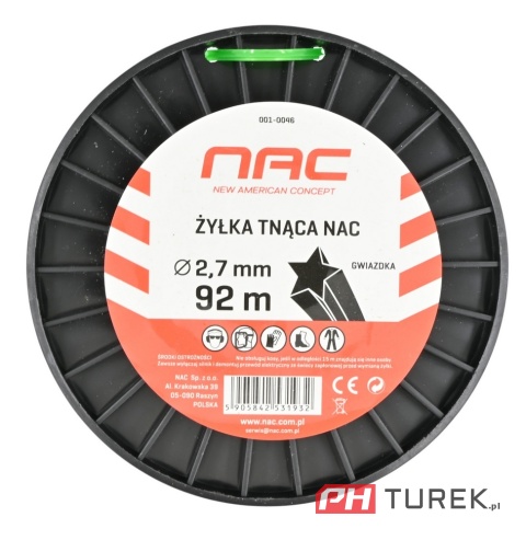 Żyłka tnąca NAC gwiazdka 2.7 mm x 92 m do kosy podkaszarki zielona szpula
