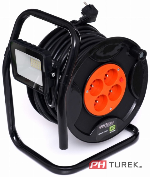 Przedłużacz bębnowy 30m + LED 4 gniazda czarny 3x2,5 mm zwijany + lampa