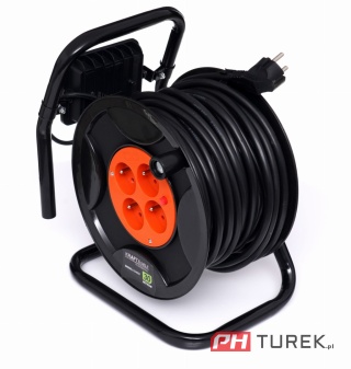 Przedłużacz bębnowy 30m + LED 4 gniazda czarny 3x2,5 mm zwijany + lampa