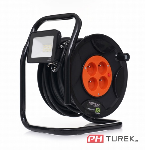 Przedłużacz bębnowy 30m + LED 4 gniazda czarny 3x2,5 mm zwijany + lampa