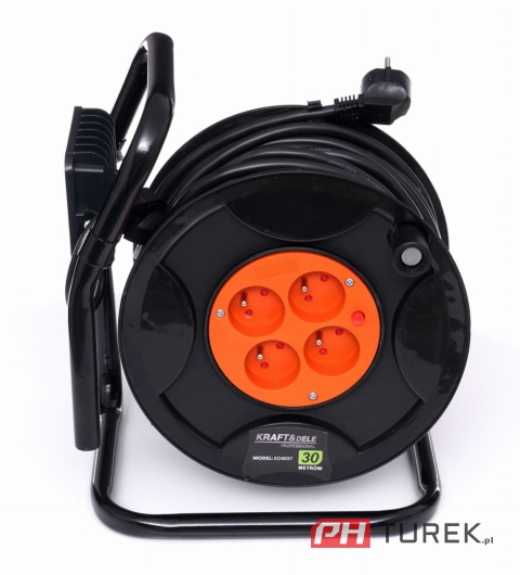 Przedłużacz bębnowy 30m + LED 4 gniazda czarny 3x2,5 mm zwijany + lampa