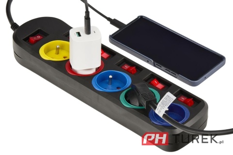 Przedłużacz listwowy listwa 5 gniazdek z wyłącznikami 1,5m sieciowy czarny