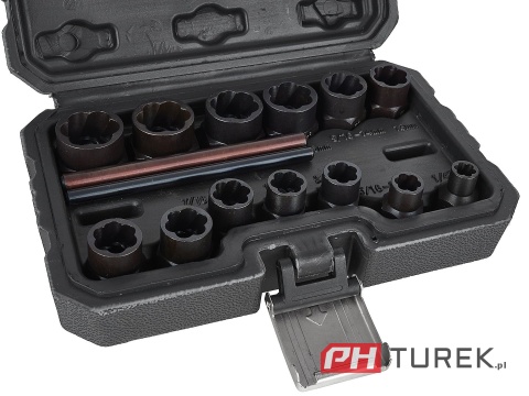 Zestaw nasadek do zniszczonych śrub 6-19 mm 15 elementów stal CR-MO