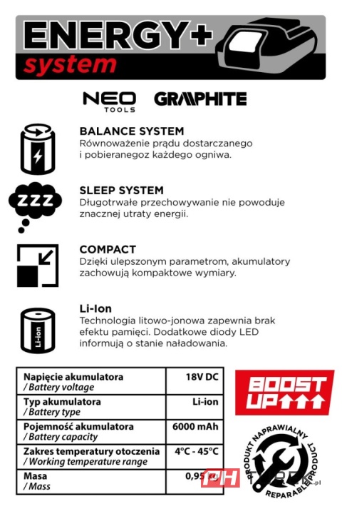 Akumulator bateria energy+ 18v li-ion 6.0ah boost up – GRAPHITE 58g086-1