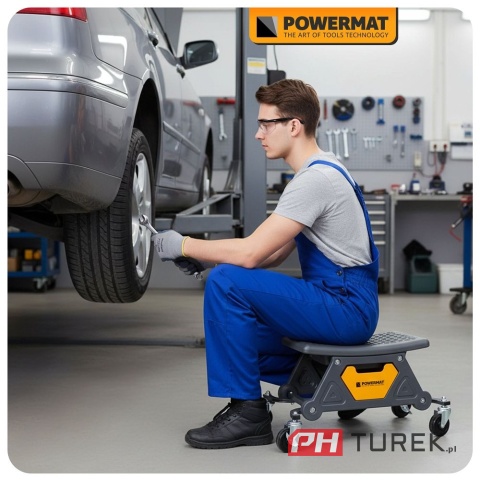 Siedzisko, krzesło warsztatowe na kółkach 3 tacki na narzędzia PM-SWA-200T