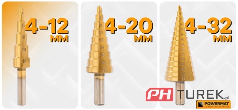Wiertła stopniowe stożkowe (zestaw 6el.) 4-30mm powermat hss PM-ZWSF-6T