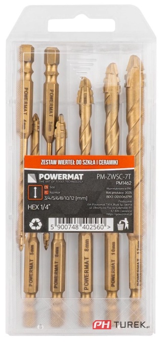 Zestaw wierteł 7 sztuk wiertła do szkła gresu, ceramiki 3-12mm Powermat