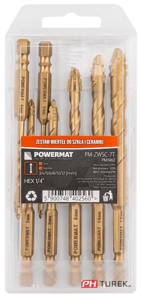 Zestaw wierteł 7 sztuk wiertła do szkła gresu, ceramiki 3-12mm Powermat